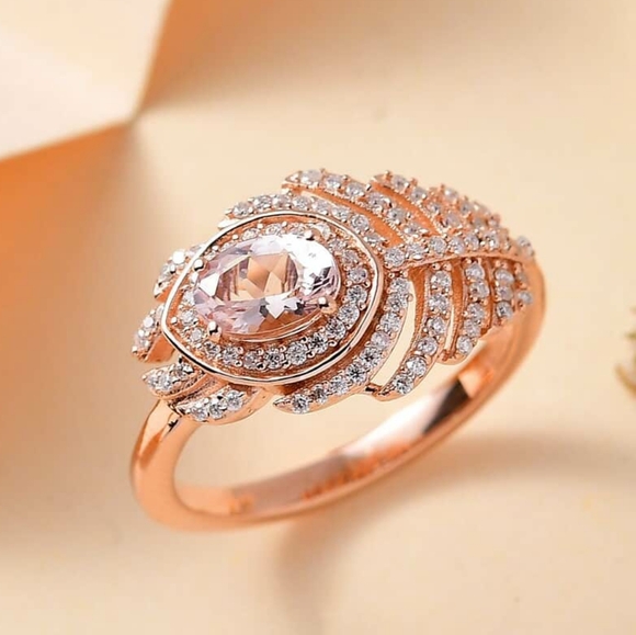 NWT Pink Morganite and Moissanite 1.30 ctw Peacock Feather Ring Size 9 - Picture 3 of 7